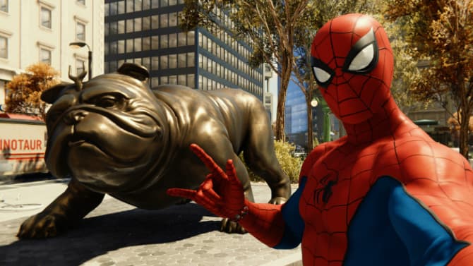 Marvel Games Explains Why MARVEL'S SPIDER-MAN Features A Lockjaw Statue In Place Of The Wall Street Bull