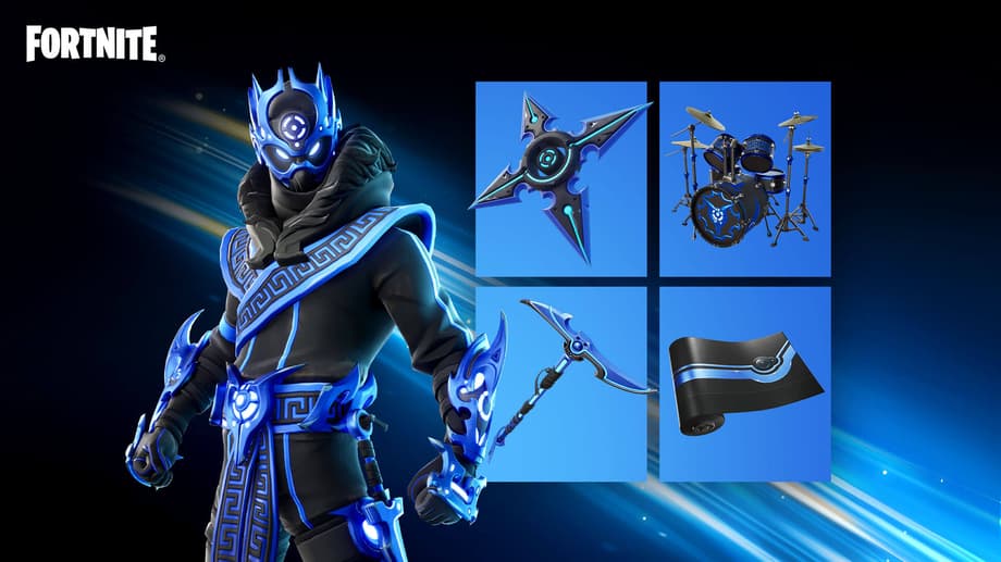 Fortnite Cobalt Snowfoot Outfit, Sapphire Star Back Bling, Cobalt Crash Drums, Indigo Inverter Pickaxe, and Weathered Snow Stripes Wrap.