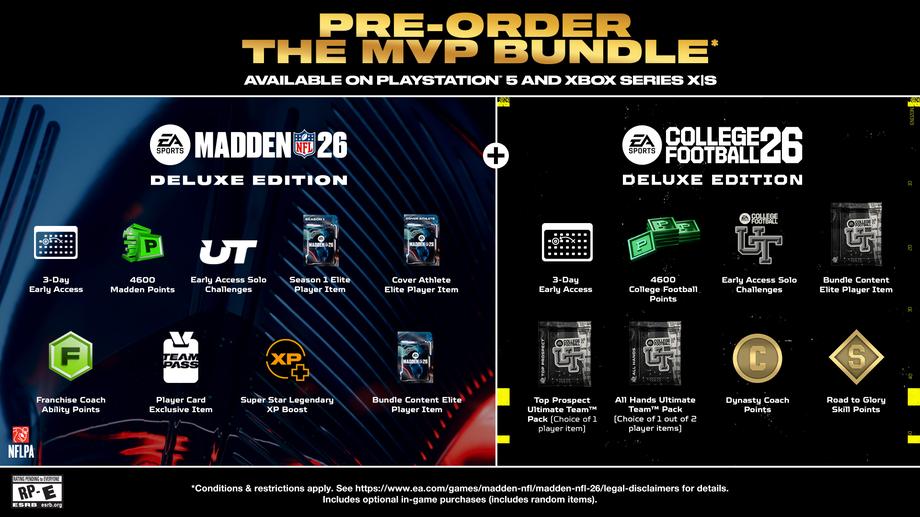 An image featuring all the bonus items received when Pre-ordering The MVP Bundle (includes items for both College Football 26 and Madden NFL 26 Deluxe Edition)