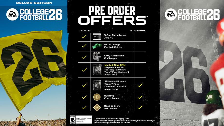 Image comparing pre-order offers, listed in the center of the picture, for the Standard and Deluxe Editions of College Football 26. On either side is the Standard and Deluxe edition artwork.