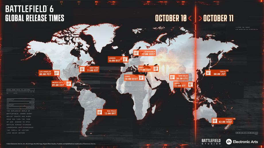 A graphic displaying a world map, with labels showing the launch time for Battlefield 6 in different regions of the world.