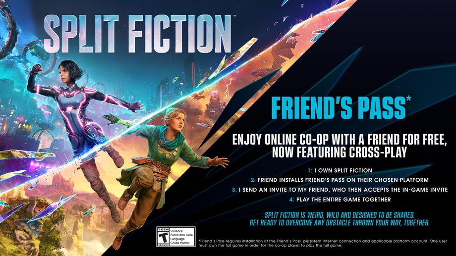 Infographic describing Friend's Pass feature in Split Fiction. 