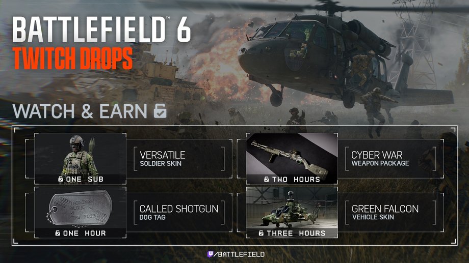 The image highlights four unlockable rewards—Versatile soldier skin, Called Shotgun dog tag, Cyber War weapon package, and Green Falcon vehicle skin.