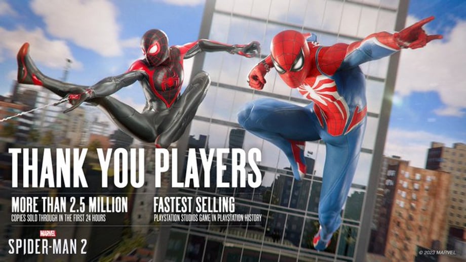 An image that features the following text: Thank you players. More than 2.5 million copies sold through in the first 24 hours. Fastest selling PlayStation Studios game in PlayStation history.